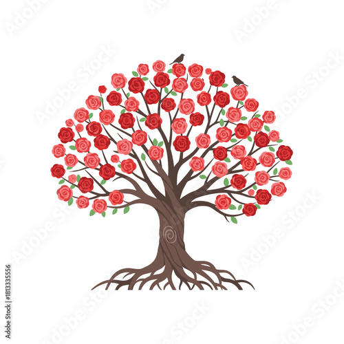 Stylized tree of life with sprawling roots and branches, blooming with an abundance of red and pink roses instead of leaves.