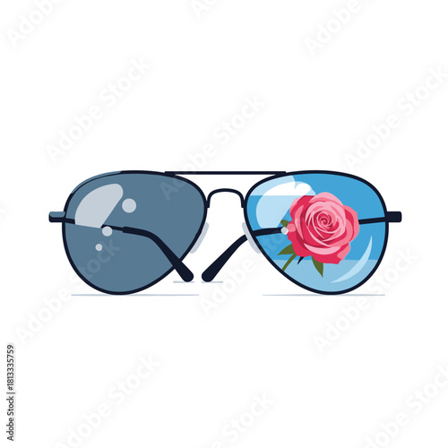 Stylish aviator sunglasses with one lens reflecting a beautiful pink rose, symbolizing a positive and romantic outlook.