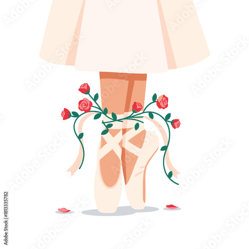 Close-up on the feet of a graceful ballerina in pink pointe shoes, with delicate red roses wrapped around her ankles.