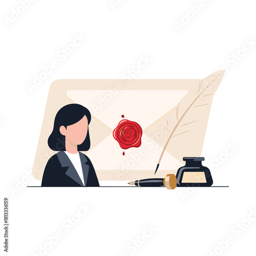 Professional woman sits before a large envelope sealed with a red rose wax stamp, with a quill and inkwell nearby for writing.