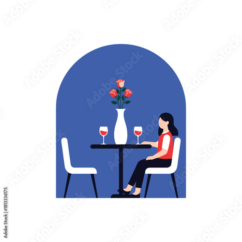 Solitary woman sitting at a romantic restaurant table set for two, with wine glasses and a vase of red roses, waiting.