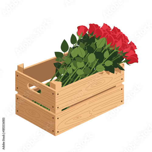 Large bunch of long-stemmed red roses with lush green leaves freshly packed and ready for delivery in a wooden crate.