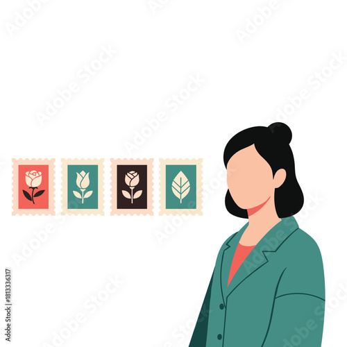 Professional woman standing next to a collection of four postage stamps, each featuring a different stylized rose or leaf design.