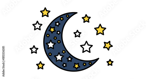Vector illustration of a cat on the moon with golden stars against a blue night sky symbol