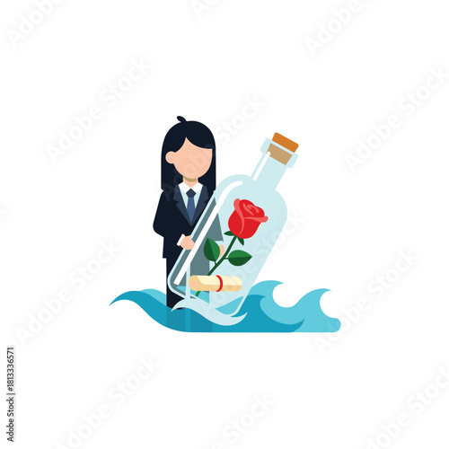 Woman discovering a message in a bottle floating on the waves, with a red rose and a rolled scroll visible inside the glass.
