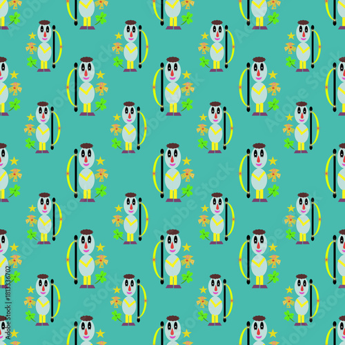 A quirky seamless vector pattern featuring cute, cartoon-style robots holding small star and flower bouquets, set against a bright teal (turquoise) background.