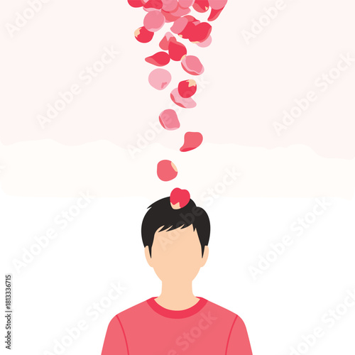Conceptual illustration of a faceless man with a shower of pink and red rose petals gently falling down on top of his head.