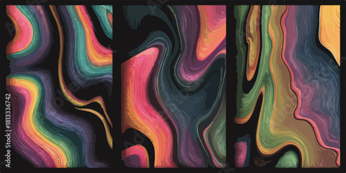 다채로운 색상의 추상적인 액체 흐름 패턴이 검은색 배경에 부드럽게 섞여 있습니다.