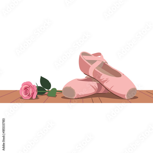 Pair of elegant pink ballet slippers resting on a wooden floor next to a single, delicate pink rose after a performance.