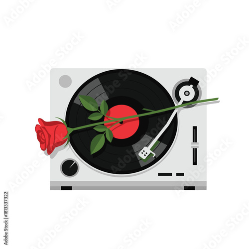 Top-down view of a modern vinyl turntable with a record playing, a single long-stemmed red rose lying across the top.