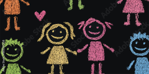 다양한 색상의 분필 그림으로 표현된 행복한 아이들의 모습, 우정, 동심을 나타냅니다.