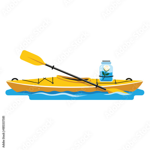 Yellow kayak with a paddle floating on blue water, carrying a preserved white rose in a sealed glass jar on its deck.