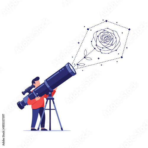 Man looking through a telescope and discovering a beautiful new constellation in the night sky shaped like a perfect rose.