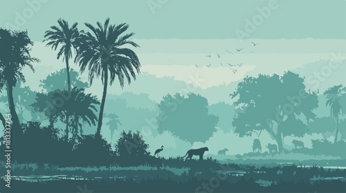 평화로운 아프리카 사바나의 새벽 풍경, 야생 동물과 야자수가 숲의 안개 속에서 부드럽게 펼쳐집니다.