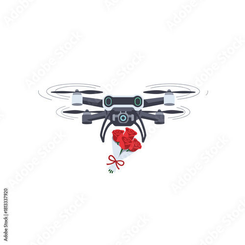 A modern quadcopter drone flies through the air, carrying a beautifully wrapped bouquet of red roses, symbolizing romantic tech-savvy gift delivery.
