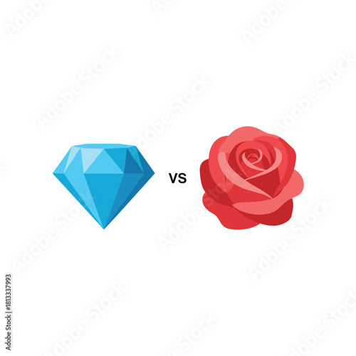 A simple graphic illustration poses a choice or comparison, showing a sparkling blue diamond versus a beautiful, vibrant red rose on a clean white background.