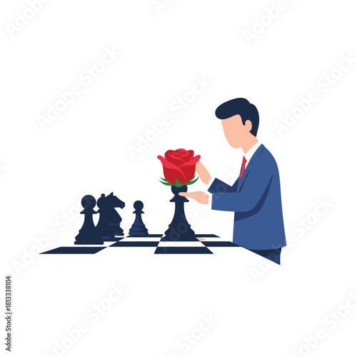 A businessman in a suit strategically places a red rose on top of a chess queen piece, blending concepts of love, strategy, power, and business tactics.