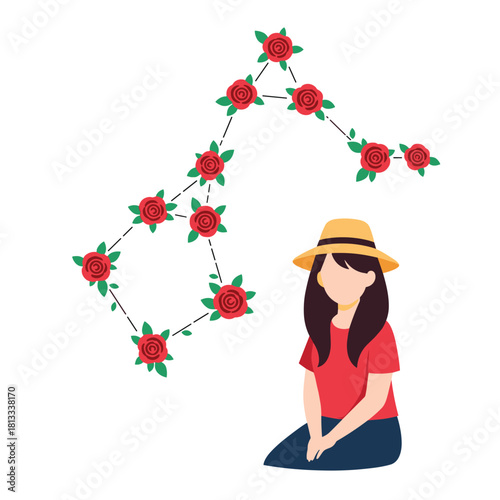 The Virgo constellation is creatively depicted with red roses as stars, floating above a young woman in a straw hat sitting peacefully on a white background.
