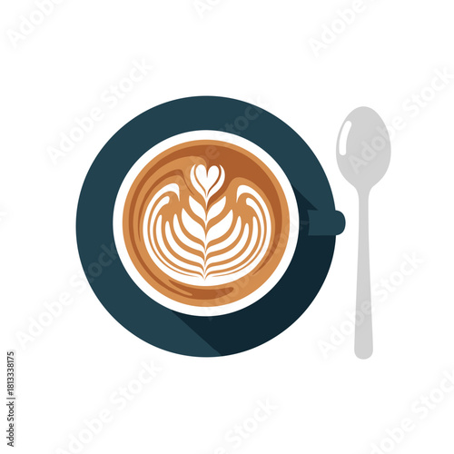 An overhead view of a cup of coffee with detailed latte art in the shape of a rosetta or floral pattern, with a spoon resting beside the dark blue saucer.