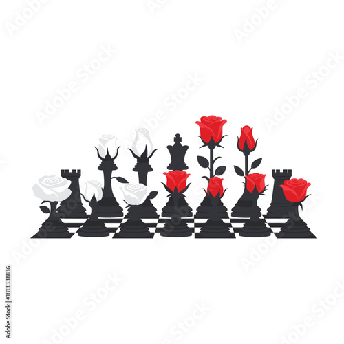 A dramatic chess set where each black piece is adorned with either a red or a white rose, creating a beautiful and symbolic battle of love and war.