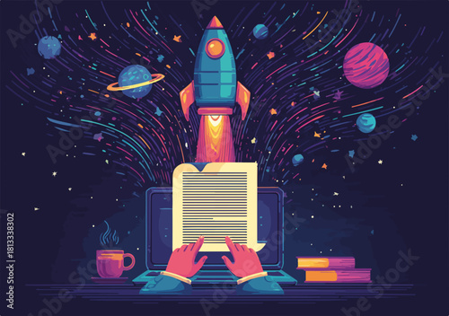 우주 배경에서 로켓이 발사되는 노트북과 책, 창의적인 아이디어와 지식의 확장을 상징하는 벡터 일러스트레이션