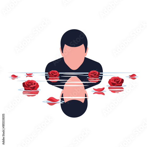 A man is submerged in water up to his neck, with his reflection visible below, surrounded by floating red roses and petals in a conceptual, surreal scene.
