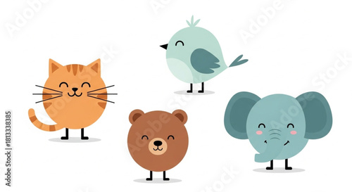 Adorable cartoon animals collection perfect for kids designs and educational materials includes cat, bird, bear, and elephant characters all smiling