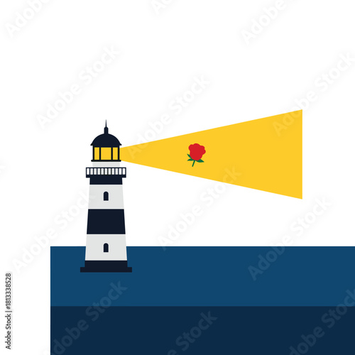 A lighthouse on the sea shines a bright beam of light, but instead of just light, it projects the image of a single red rose, symbolizing guidance and love.