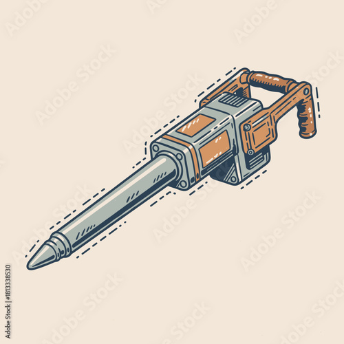 Retro Jackhammer Illustration.Vintage Demolition Tool Art.Construction Pavement Breaker.Engraved Style Worker Icon.Heavy Duty Drill Graphic