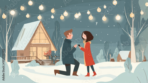 Romantic winter proposal scene with a kneeling man offering a ring under glowing lights near a cozy snow-covered cabin perfect for Propose Day campaigns, love storytelling visuals, and emotional prese