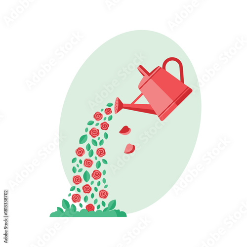 A red watering can is tilted, pouring out a cascade of small red roses and green leaves instead of water, nurturing a patch of grass below.