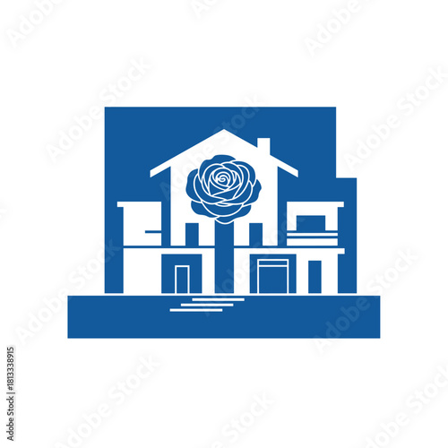 A modern house logo or icon in a bold blue and white design, featuring a large, stylized white rose in the center, perfect for real estate or home decor.