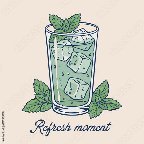 Mint refreshment beverage.Hand drawn mojito cocktail.Vintage summer drink design.Iced mint juice illustration.Retro glass of cocktail
