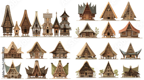 Illustration set of traditional wooden houses with steep roofs, rustic textures, and cultural architectural details. Perfect for heritage themes, village design, folk art, and rural environment visual