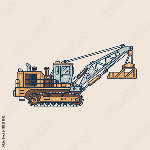 Retro Dragline Excavator.Heavy Duty Mining Machine.Vintage Construction Vehicle.Doodle Tracked Equipment.Industrial Vector Illustration