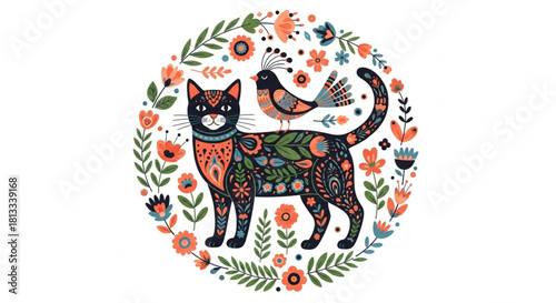 Whimsical folk art cat with bird friend in floral wreath, charming and colorful design for prints, textiles, and home decor projects, playful and bright