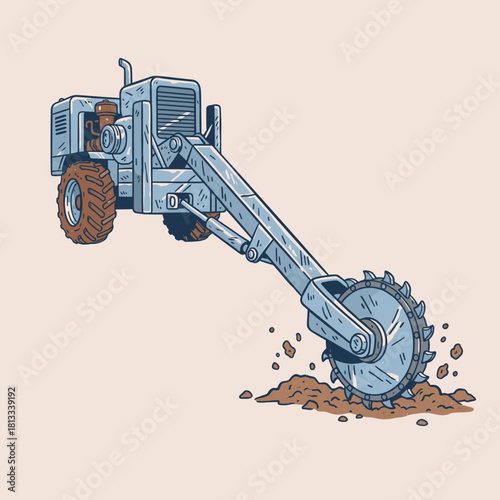 Retro Trencher Machine.Vintage Ditch Digger Art.Heavy Excavator Vector.Construction Machinery.Industrial Trencher Tool