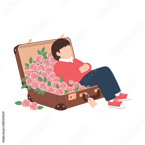 A young man relaxes inside an open vintage suitcase that is overflowing with beautiful pink roses, symbolizing a journey of love or carrying sweet memories.