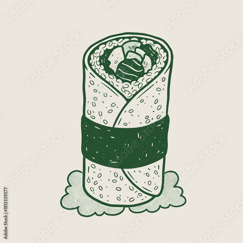 Retro Burrito Illustration.Vintage Food Wrap Vector.Hand Drawn Sushi Roll.Engraving Style Mexican Food.Street Food Roll Graphic