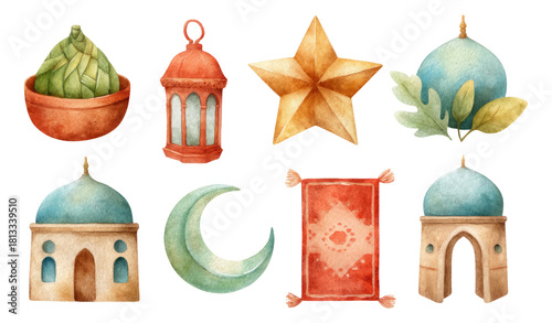 Colorful Hand-Drawn Islamic Elements on Transparent Background for Artwork Design