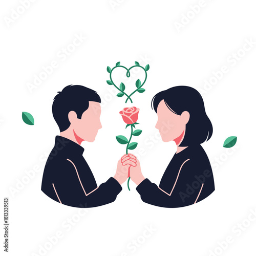 A romantic illustration of a man and woman holding hands and a single pink rose, with a heart shape made of green vines floating above them.