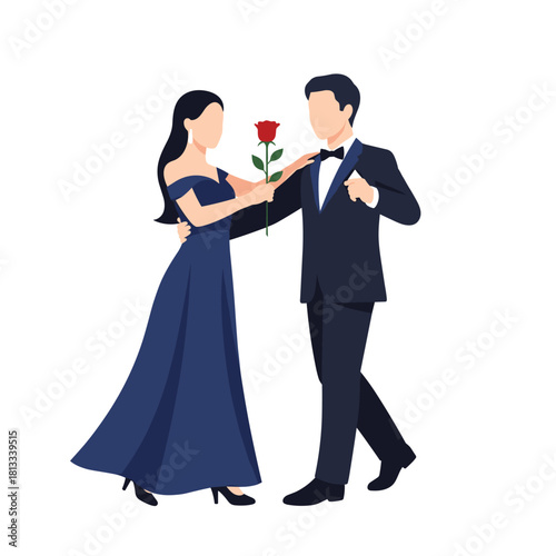 An elegant couple is dancing, with the woman in a beautiful blue gown holding a single red rose that she gently places on the man's tuxedo.