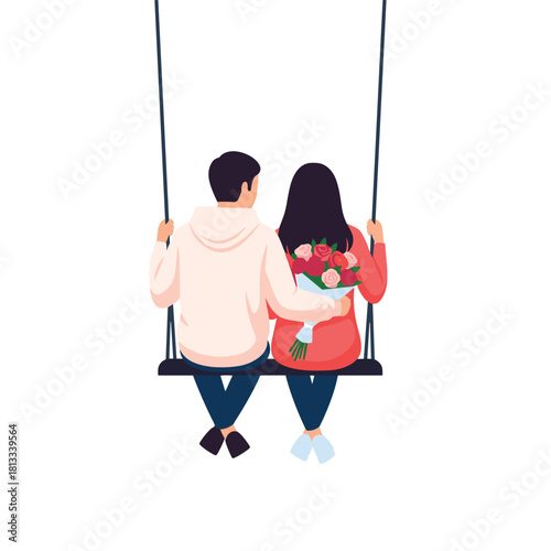 A romantic scene from behind of a couple sitting close together on a swing, with the woman holding a beautiful bouquet of roses given by her partner.