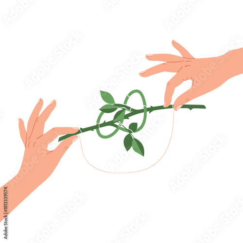 Two hands carefully tie a knot in a thorny rose stem, symbolizing the challenges and complexities of forming a strong, committed relationship or bond.