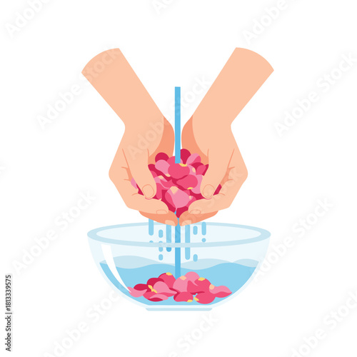 Two cupped hands gently rinse a handful of fragrant pink rose petals under a stream of water, pouring them into a clear glass bowl for a spa treatment.