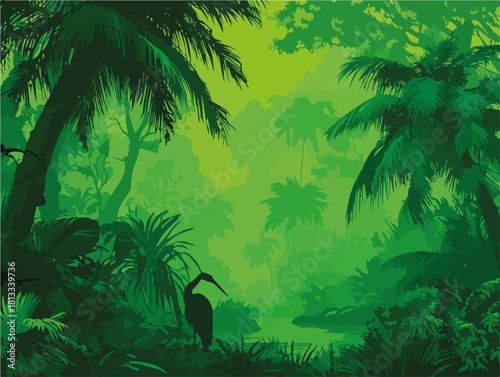 울창한 열대 우림 속 야생 동물과 야자수가 있는 숲 풍경 일러스트