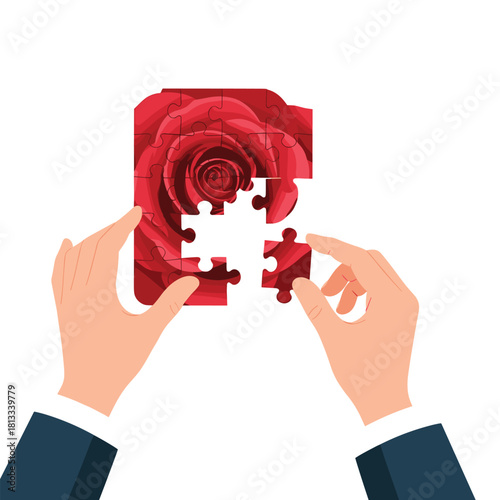 Two hands are putting the final piece into a jigsaw puzzle that forms the image of a beautiful, vibrant red rose, symbolizing completion, love, and connection.