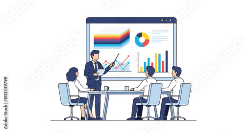 Business Meeting Presentation with Financial Charts and Graphs Displayed on a Screen