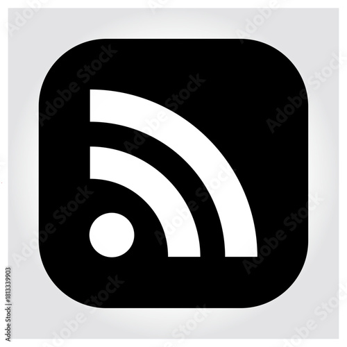 Rss feed icon white symbol on black rounded square background isolated on white background, Vector