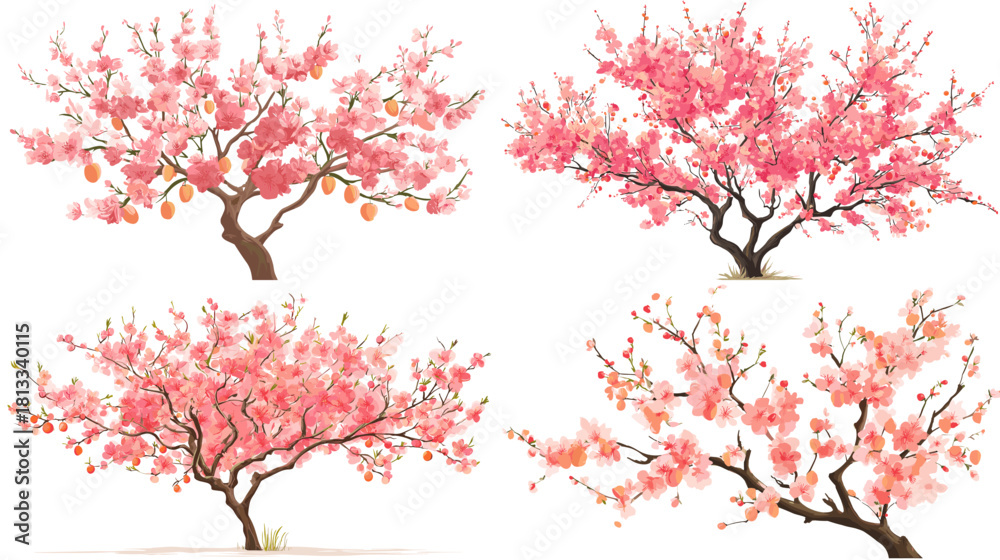 Fototapeta premium Beautiful illustration of blooming peach trees with pink blossoms and delicate branches. Ideal for spring themes, botanical art, gardening designs, and seasonal nature visuals.